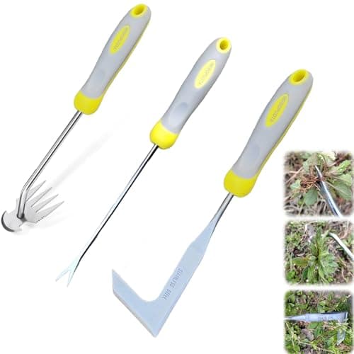 Weed Puller Tool, 3 Pack Garden Stainless Steel Manual Hand Weeder with Ergonomic Soft Grip Handle, L-Shape Crack Weeder, V-Shape Uprooting Tool & 4 Teeth Weed Puller for Lawn, Driveway, Paver Cracks - Image 1
