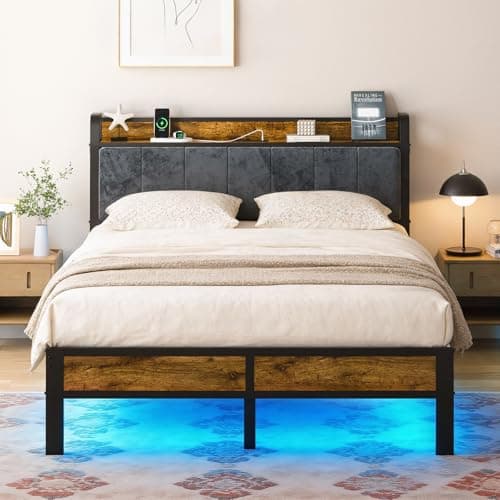 ALBERTO Full Size LED Bed Frame with Charging Station, Upholstered Headboard, Sturdy Metal Platform with Slats, No Box Spring Needed - Image 1