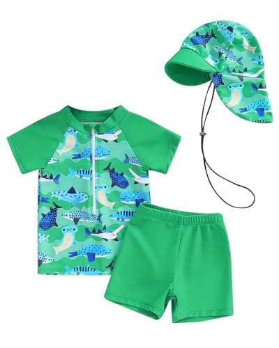JiAmy Toddler Baby Boys Rash Guard Set with Swim Trunks for Kids 3PCS Short Sleeve Rashguard Swim Set Sunsuits Bathing Suits Green 6-12 Months - Image 1