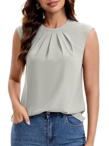 Funlingo Womens Dressy Casual Tops Summer Short Cap SleeveTunic Blouses Crew Neck Office Work Shirts Spring Business Clothing Grey 3XL - Image 1