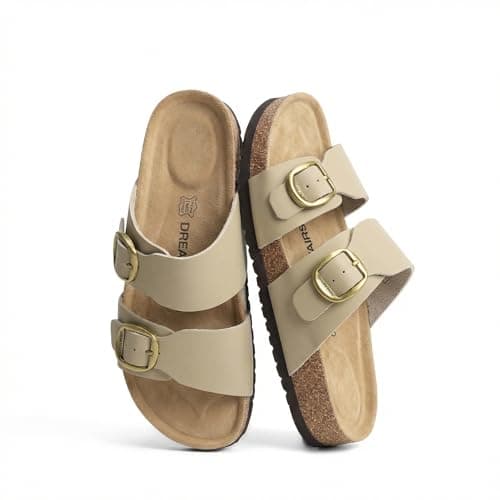 DREAM PAIRS Women's Slides Soft Genuine Footbed Sandals Comfortable Adjustable Double Buckle Slip-on Flat Sandals with Arch Support Frame Dual Slippers for Summer 2026,Size 6,Taupe,SDSS26004W - Image 1