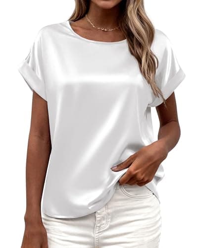 BTFBM Womens Summer Tops Satin Blouses Dressy Casual Loose Crewneck Short Sleeve Shirts 2026 Work Business Outfits(White, X-Large) - Image 1
