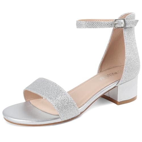 Wulubaba Girls Dress Shoes Low Heel Sandals Open Toe Ankle Strap for Flower Girl Wedding Party,Little and Big Girls,Silver,2 - Image 1