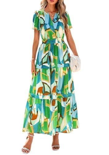 PRETTYGARDEN Women's 2026 Summer Boho Maxi Dresses Floral Short Sleeve V Neck A Line Tiered Flowy Long Beach Vacation Dress (Green,X-Large) - Image 1