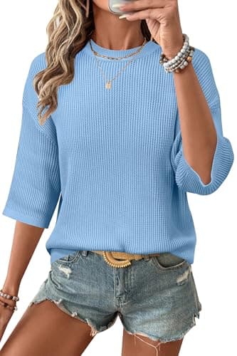 Arach&Cloz 2026 Women's Cotton Spring Summer Crochet Tops Crew Neck 3/4 Half Drop Short Sleeve Hollow Out Oversized Resort Wear Sweater Casual Vacation Outfits Fashion Trendy Shirts Light Blue M - Image 1