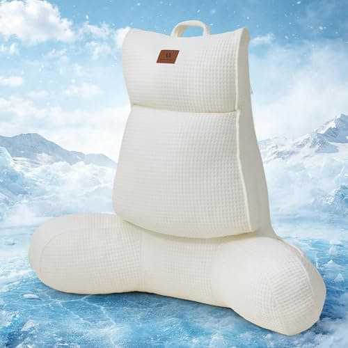 Amélie Home Premium Cooling Waffle Reading Pillow, Qmax>0.37 Ergonomic Back Support with Pocket & Handle, Breathable Lounging Pillow for Bed Sofa Floor Summer, Washable Cover, 25 Inches, Ivory - Image 1