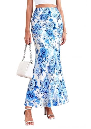 PRETTYGARDEN Women's Maxi Skirt 2026 Summer Flowy Polka Dot Floral High Waisted Mermaid Office Work Spring Long Slip Skirts (White Blue Flower,Small) - Image 1