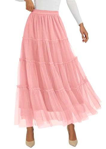 PRETTYGARDEN Tulle Skirts for Women 2026 Spring Fashion Elastic High Waisted Tiered Flowy Fairy A-Line Casual Maxi Long Skirt (Light Pink,Medium) - Image 1