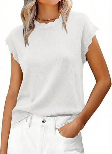 Jenisso Women Summer Sweater Cap Sleeve Lightweight Pullover Soft Knit Top with Scallop Wavy(White,M) - Image 1