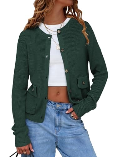EXLURA Womens 2025 Knit Cardigan Sweaters Spring Fall Crewneck Open Front Button Jacket Fashion Outerwear Coats with Pockets Dark Green - Image 1