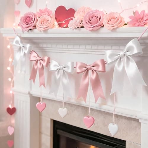1 Strings Pink White Bow Garland Banner Decorations, Pre-Strung Satin Ribbon Bows for Birthday, Baby Shower, Bridal Shower, Coquette Girls Room, Bow Themed Party, Wedding, Christmas Tree Decorations