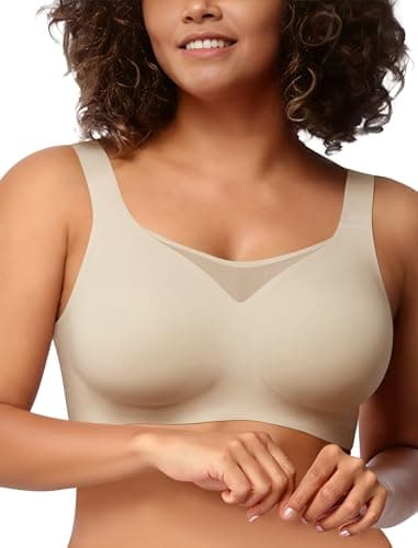 Easybunny Wireless Bras for Women Seamless Supportive V Mesh Bralette Minimizers Comfortable Tshirt Bra for Older Women Beige L - Image 1