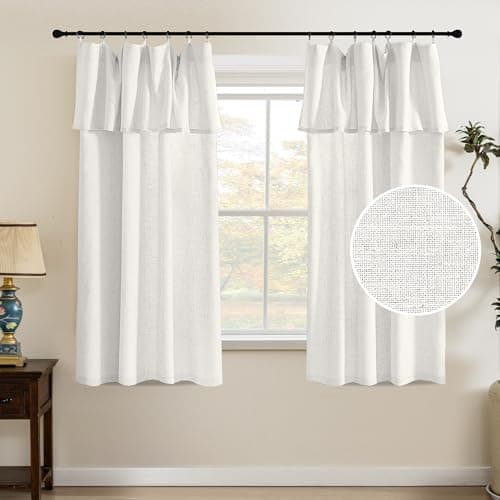 PrinceDeco Linen Curtains with Attached Valance for Living Room, Light Filtering Farmhouse Semi-Sheer Treatments Rod Pocket/Ring Top for Bedroom, 2 Panels Set W52xL63 Inch, White - Image 1