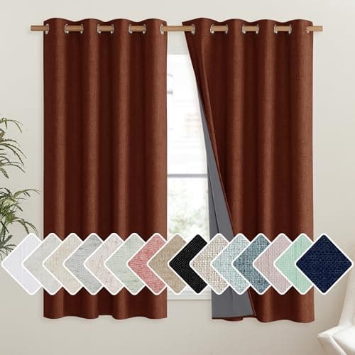 NICETOWN 100% Absolutely Blackout Linen Curtains with Thermal Insulated Liner, 52" Wide, 2 Panels, 45" Long Drapes, Grommet Retro Burnt Orange Linen Curtains Vertical Drapes Privacy for Bedroom - Image 1