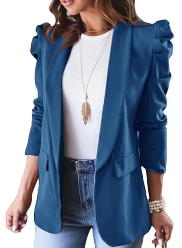 KIRUNDO Women's 2026 Spring Fall Casual Blazers Puff Sleeve Lapel Open Front Work Suit Office Blazer Jackets with Pockets(Blue, Medium) - Image 1