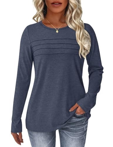 NORACORA Women's Long Sleeve Tops Crew Neck Casual Tunics Dressy Pleated Front T Shirts Business Blouses 2025 Spring Fall Outfits Pullover Tshirts Navyblue XXL - Image 1
