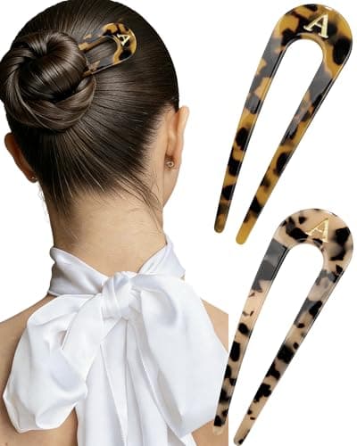2 PCS Personalized Initial French Hair Pin for Women 5.1 Inch, Monogram Tortoise Shell Acetate U Shaped Hair Fork 2 Prong Chignon Pin Hair Accessories Birthday Gifts - Image 1