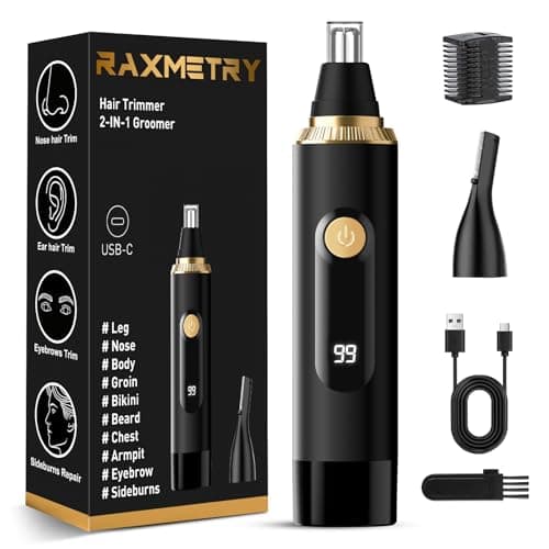 RAXMETRY Nose Hair Trimmer for Men and Women,2025 Professional Painless IPX7 Waterproof Eyebrow & Facial Hair Trimmer,USB Rechargeable with LED Display Dual-Edge Blades,Black - Image 1