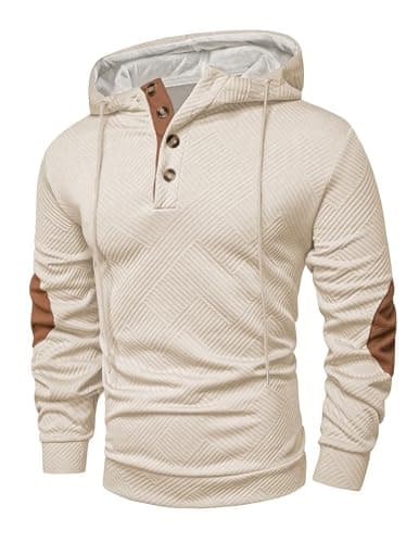 JMIERR Hoodies for men Casual Cotton Textured Long Sleeve Quarter Collar Drawstring Button Pullover Hooded Early Fall Fashion Sweatshirts, S, Beige - Image 1