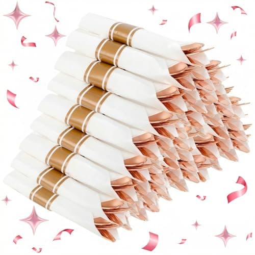 Supernal 240Pcs Rose Gold Plastic Silverware Set with Napkins - Pre Rolled Disposable Cutlery (60 Forks, 60 Knives, 60 Spoons) - Heavy Duty Utensils for Wedding, Bridal Shower & Elegant Parties - Image 1