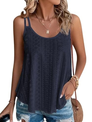 ATHMILE Going Out Tops Eyelet Embroidery Sleeveless Spaghetti Strap Tops Scoop Neck Sexy Loose Fit Casual Summer Flowy Cami Navy - Image 1