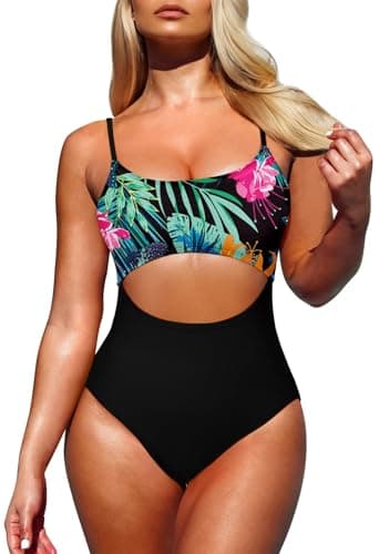Pink Queen Women's One Piece Swimsuit Spaghetti Strap Scoop Neck Cutout High Waisted Bathing Suit Monokini Black M - Image 1