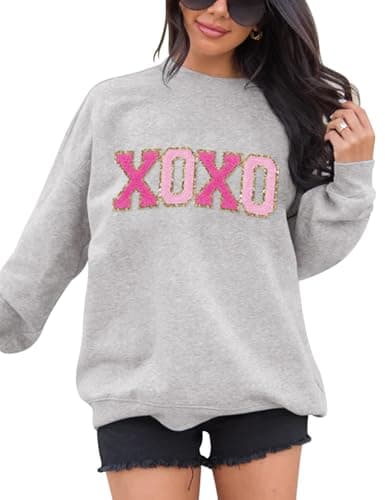 LETSEE Valentine Sweatshirts for Women Glitter Patch Lover Letter Shirts Chenille Patch Oversized Pullover Spring Tops(Grey, Large) - Image 1