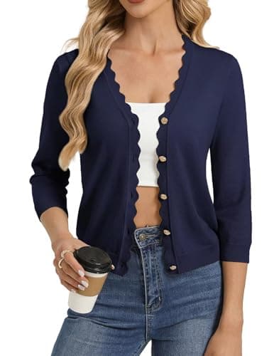 GRACE KARIN Navy Blue Cardigan for Women, Cropped 3/4 Sleeve Lightweight Knit Bolero Shrugs, Open Front Dressy Casual Blazer - Image 1
