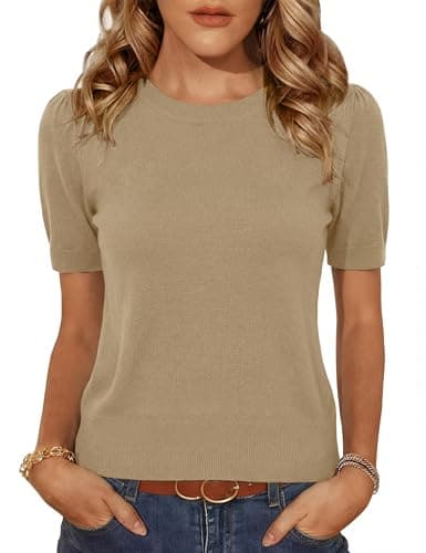 Totatuit Blouses for Women Dressy Casual Crop Short Sleeve Wool Sweater Work Ladies Travel Sweater Beige S - Image 1