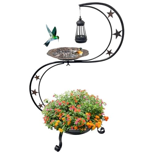 OUISJYER Solar Bird Bath for Outside, Vintage Metal Bath Bowl Standing Birdbaths with Flower Planter for Garden Yard Lawn Decor - Image 1