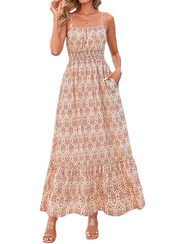 BTFBM Summer Dresses for Women 2026 Sleeveless Spaghetti Strap High Waist Boho Beach Vacation Clothes Spring Maxi Dress(Apricot Geometry, XX-Large) - Image 1