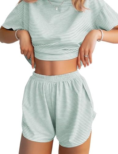 JUSTFASHIONNOW Womens Pajama Sets Shorts Striped Print Two Piece Lounge Sets Crew Neck Sleepwear Soft Pjs Split Shorts Set Summer Outfits Cute Pajama Sets for Women Pink S Cyan S - Image 1