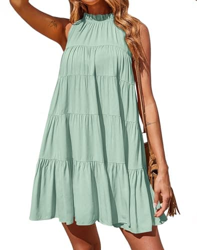 Okiwam Womens Summer Dress 2026 Sleeveless Halter Neck Flowy Mini Sundress Casual Babydoll Spring Beach Vacation Clothes-L Light Green - Image 1