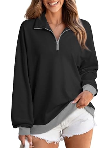 EVALESS Womens Fall Fashion 2024 Oversized Sweatshirt for Women Fashion Clothes Casual Black Grey Color Block Long Sleeve Shirts Comfort Colors Sweatshirts Loose Fit Half Zip Pullover Tops Small - Image 1