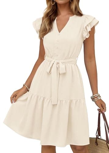 KIRUNDO Summer Dresses for Women 2026 Spring Flutter Sleeve V Neck Ruffle Flowy Tiered Knee Length Beach Vacation Sundress(Beige, XX-Large) - Image 1