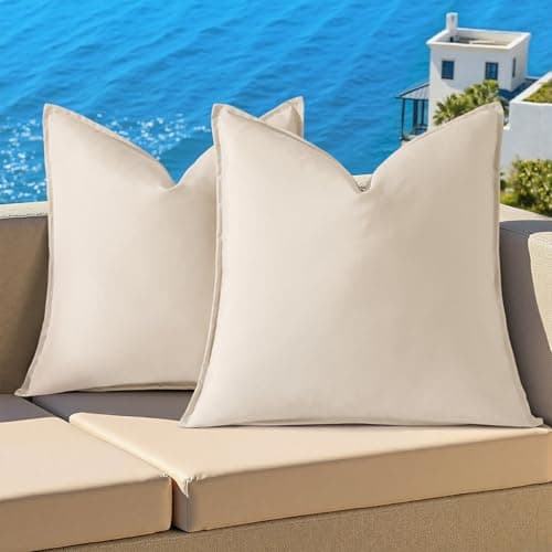 decorUhome Outdoor Waterproof Faux Linen Throw Pillow Covers 18x18 Inch Set of 2 Decorative Natural Farmhouse Pillow Cases with Flange Edges for Summer Couch Garden Patio Balcony Porch, Beige - Image 1