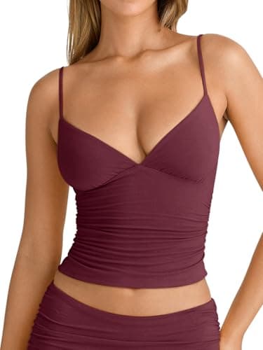 PINKMSTYLE Women Spaghetti Strap Tank Top Cute V-Neck Ruched Double Lined Going Out Concert Outfits Burgundy Large - Image 1