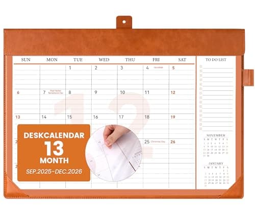 FLYING EAGLE Desk Calendar 2026, Jan 2026-Dec 2026, Large Desk Calendar with To-Do Lists, 12 Months Leather Desk Pad Wall Calendar with PVC Cover for Work Office School Home Women Men, 17 x 12, Brown