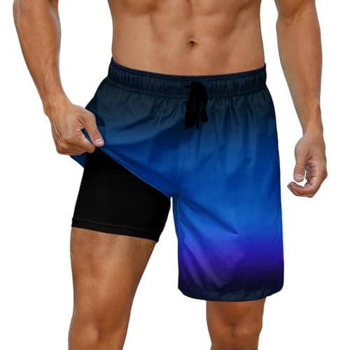 Cozople Mens Swim Trunks 7 Inch Inseam Swim Shorts Black Blue Gradient Bathing Suit Boxer Brief Lined Swimsuit Anti Chafe Board Shorts with Compression Liner M - Image 1
