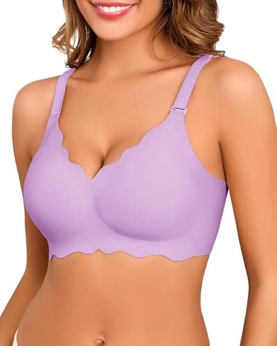 Seamless Bras for Women No Underwire Push Up Bra Full Coverage V-Neck Wirefree Bralettes Soft T-Shirt Everyday Bra Purple - Image 1