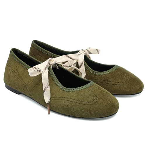 Yellhum Lace up Ballet Flats for Women Round Toe Cute Slip on Soft Mary Jane Flats Casual Ballerina Shoes Green - Image 1