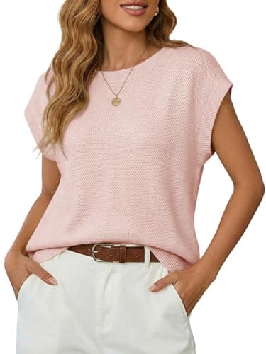 Saodimallsu Womens Short Sleeve Sweater Tops Summer Crewneck Lightweight Knit Casual Loose Sleeveless Sweater Vest Pink - Image 1