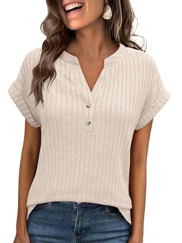 ANRABESS Womens Short Sleeve Henley Shirts V Neck Summer Sweaters 2026 Spring Business Tunic Tops Dressy Casual Work Blouses Light Khaki Medium - Image 1