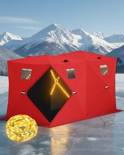 Garvee Pop Up Ice Fishing Shelter and Insulated Ice Fishing Tent with 49ft LED Light Strip, Windproof Portable Hub Design, Fits 5-7 People, 69 sq ft Fishable Area, Red
