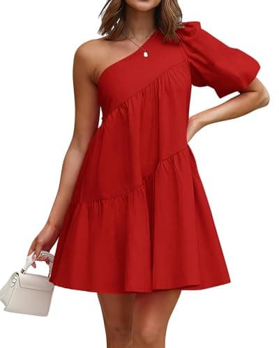 KIRUNDO Summer One Shoulder Mini Baby Doll Dresses Women 2026 Casual Puff Sleeve Loose Tiered A Line Flowy Short Dress(Red, XX-Large) - Image 1