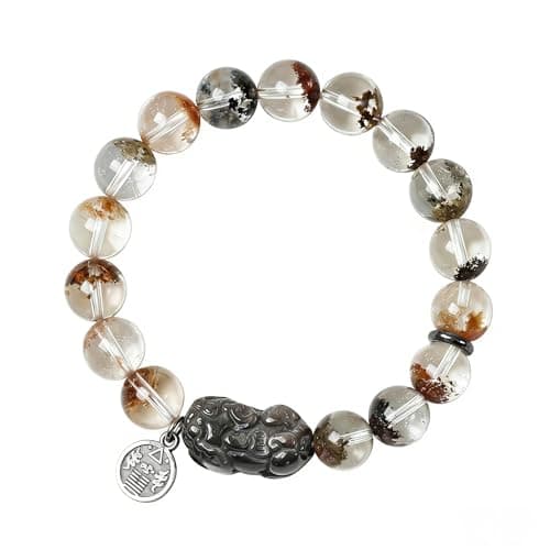 ANNIE WU Natural Phantom Quartz Bracelet with Obsidian Pixiu, Healing Crystal Beaded Bracelet for Men & Women, Wealth Protection Talisman with 925 Sterling Silver Charm & Gift Box - Image 1