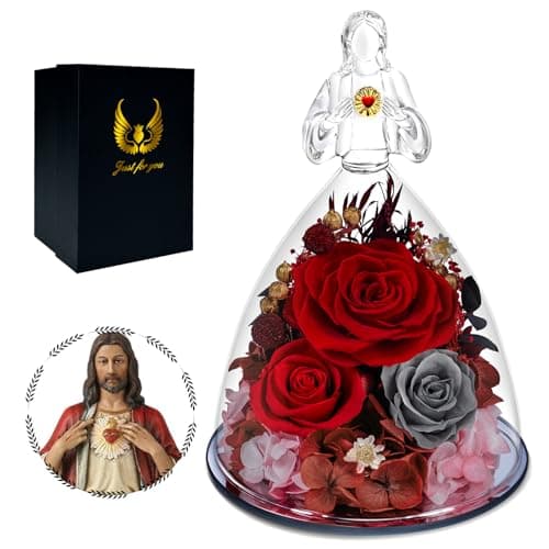 Tyvouflo Gifts for Mom Preserved Rose Birthday Gift Women Forever Flower in Glass with Sacred Heart Figurine,Mother's Day for Grandma,Wife,Girlfriend,Home Decor,Women,Eternal Colorful Roses - Image 1