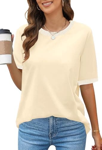 MEROKEETY Women's Summer Tops 2026 Short Sleeve Casual Trendy Striped Color Block T Shirts Loose Blouse, Apricot, S - Image 1