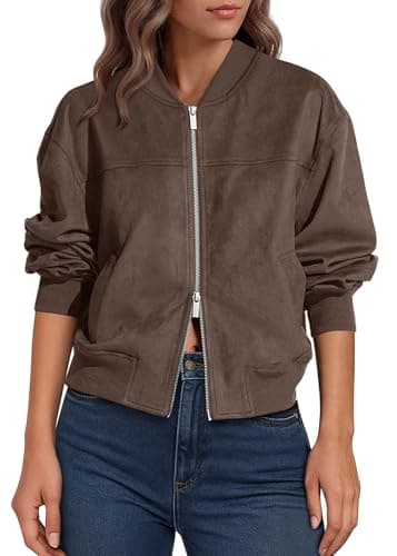 Lazysmile Women's Faux Suede Bomber Jackets Fall Fashion Outfits Winter Clothes Stand Collar Zip Up Coats Outwear - Image 1