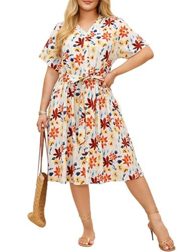 Charming Ashley Plus Size Women's Dress 2026 Summer V-Neck Short Sleeve Midi Dress with Pockets Beach Resort Wear 1X-5XL Apricot - Image 1